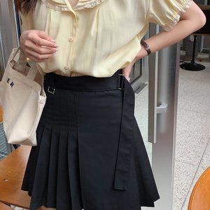 High waist slim pleated skirt college buttoned